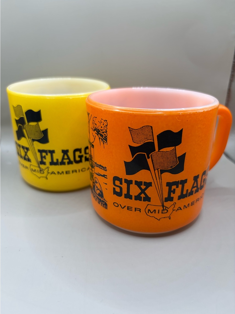 Vintage Six Flags Over Mid America Milk Glass Mugs Set of Two